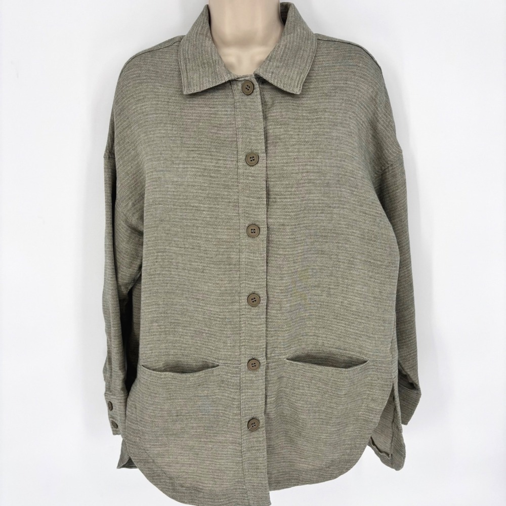 Grade & Gather Womens Olive Green Viscose Ramie Textured Shirt Jacket S/M